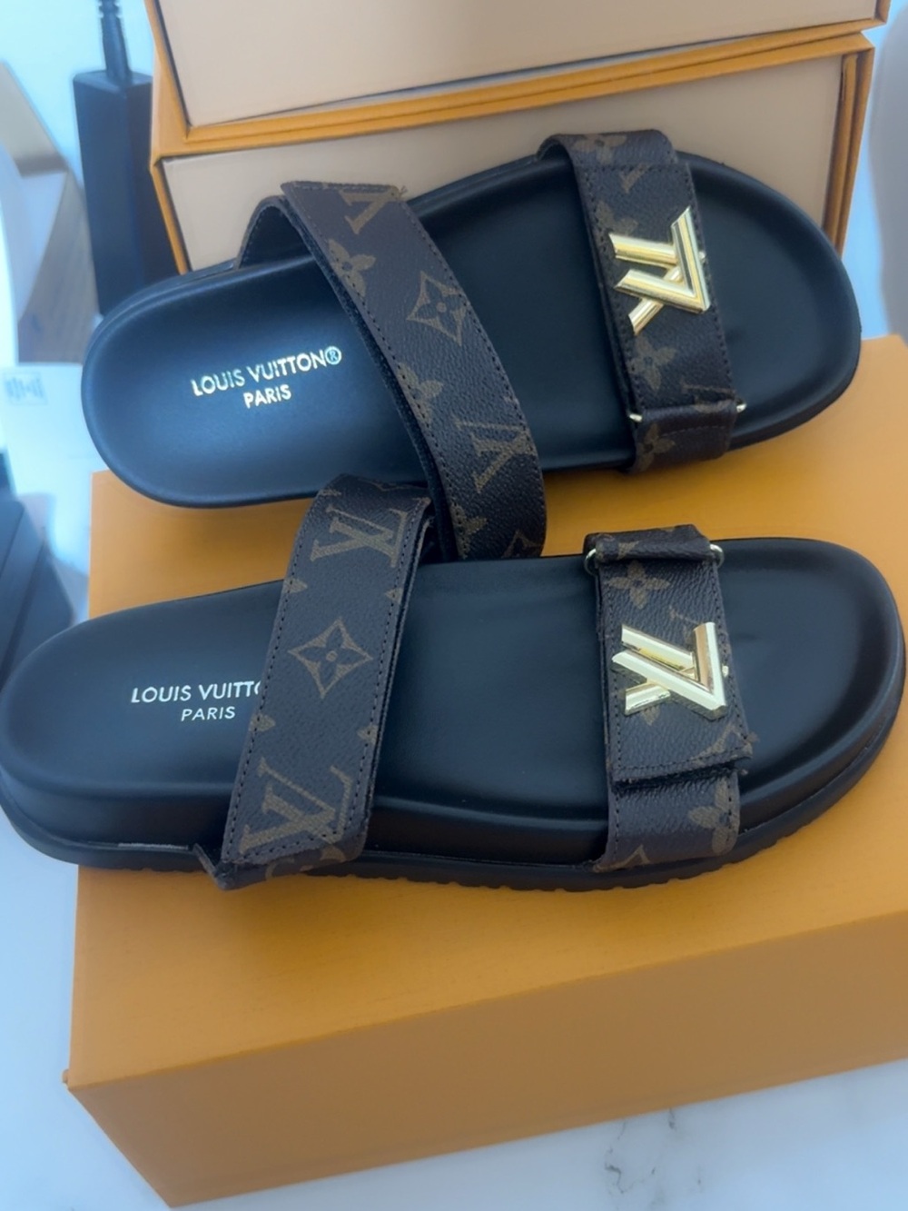 Louis Vuitton Brown Monogram Gold-Accented Slide Sandals - Picture 2 of 3